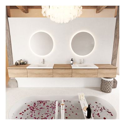 Mondiaz Bukla 340cm badmeubel met module 60 kleur washed oak met 5 lades wastafel dubbel 2 kraangaten kleur talc
