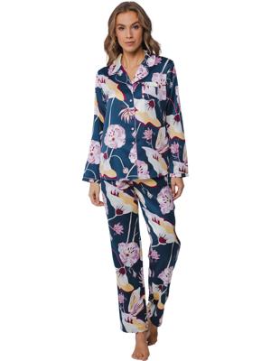 Deluxe Dames Pyjama Satijn lange mouwen - Blauw - Luxe nachtkleding dames