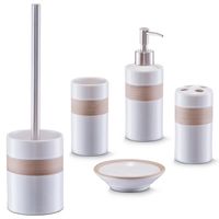 Badkamer accessoires set 5-delig - keramiek - wit/beige - strepen design - thumbnail