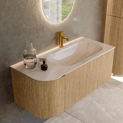Badmeubel Mondiaz Kurve-Dlux | 105 cm | Meubelkleur Oak | Wastafelkleur Meli | Solid surface | Wasbak rechter zijde spoelbak | 1 kraangat