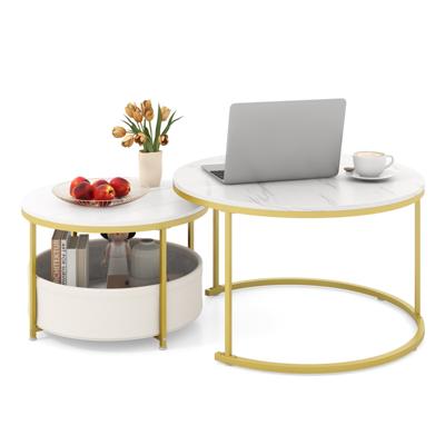 Tweedelige Salontafelset Nestbare Salontafels met Geweven Stoffen Manden Wit + Goud