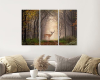 Karo-art Schilderij -  Hert in het bos, 120x80cm, 3 luik, premium print
