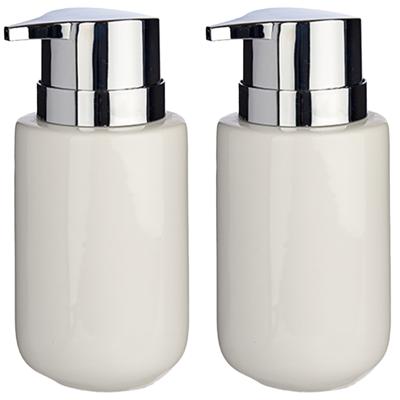 Berilo zeeppompje/dispenser - 2x - keramiek - wit/zilver - 350 ml - toilet/badkamer/keuken