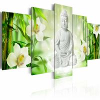Schilderij - Boeddha - Mediteren tussen de Orchidee, Wit/Groen, 5luik , premium print op canvas