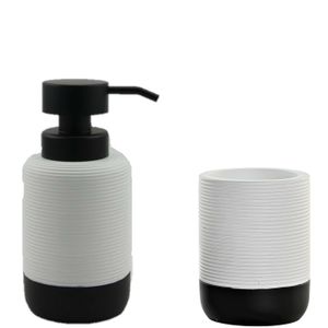 Badkamer accessoires setje drinkbeker en zeeppompje 17 cm wit/zwart