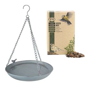 Vogelbad/voederschaal hangend rond metaal 30,4 x 30,4 cm met 2.5 kilo vogelvoer