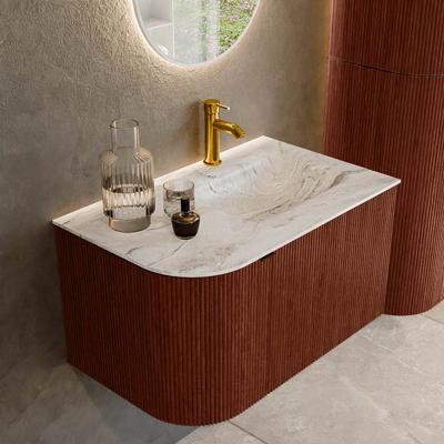 Badmeubel Mondiaz Kurve-Dlux | 75 cm cm | Meubelkleur Ruby | Wastafelkleur Glace | Solid surface | Wasbak rechter zijde spoelbak | 1 kraangat
