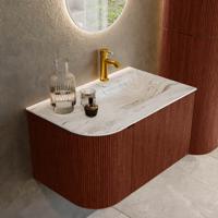 Badmeubel Mondiaz Kurve-Dlux | 75 cm cm | Meubelkleur Ruby | Wastafelkleur Glace | Solid surface | Wasbak rechter zijde spoelbak | 1 kraangat