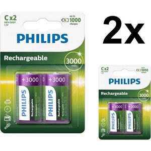 4 Stuks (2 blisters a 2st) - Philips MultiLife 1.2V C/HR14 3000mah NiMh oplaadbare batterij