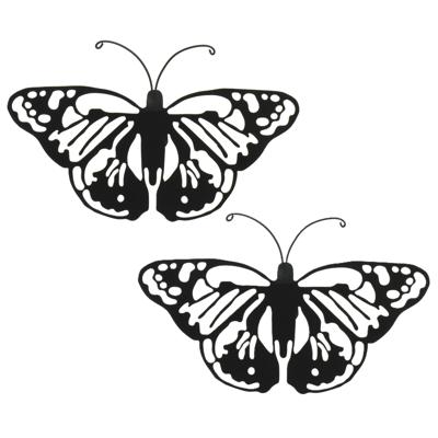 Tuin wanddecoratie vlinder - 2x - metaal - zwart - 17 x 12 cm