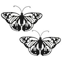 Tuin wanddecoratie vlinder - 2x - metaal - zwart - 17 x 12 cm
