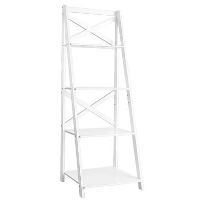 4-Laags Ladderplank Moderne Hoekboekenplank met Dwarsbalk Opbergplank Displayrek Plantenbloemenstandaard Wit 50x46x143cm