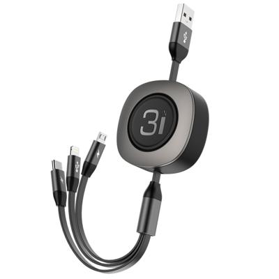 ROCK G3 5V 3.6A 3 in 1 8 Pin + Micro USB + USB-C / Type-C Retractable Fast Charging Data Cable The Maximum Length: 1.2m(Black)