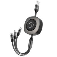 ROCK G3 5V 3.6A 3 in 1 8 Pin + Micro USB + USB-C / Type-C Retractable Fast Charging Data Cable The Maximum Length: 1.2m(Black)