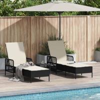 Ligstoel met kussen 3 pcs Zwart en Cream Wit poly rattan