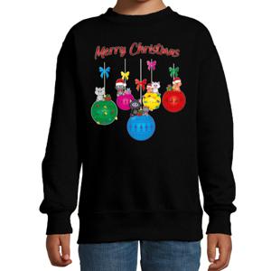 Kersttrui/sweater voor jongens/meisjes - kerstballen - zwart - poesjes - Merry Christmas