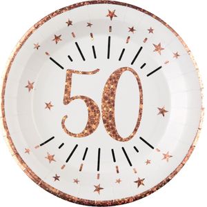 Verjaardag feest bordjes leeftijd - 10x - 50 jaar - rose goud - karton - 22 cm - rond