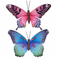 Set van 2x stuks tuindecoratie muur/wand vlinders van metaal in blauw en roze tinten 48 x 30 cm - Tuinbeelden - thumbnail
