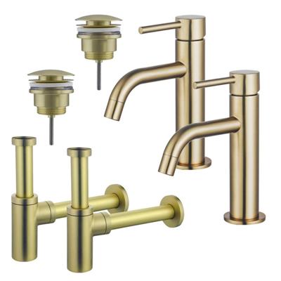Fortifura Calvi Slim Wastafelkraanset - voor dubbele wastafel - lage wastafelkraan - klikwaste plug - design sifon - Geborsteld Messing PVD (Goud) 2x SW720545/2x SW696202/2x SW696213