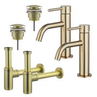 Fortifura Calvi Slim Wastafelkraanset - voor dubbele wastafel - lage wastafelkraan - klikwaste plug - design sifon - Geborsteld Messing PVD (Goud) 2x SW720545/2x SW696202/2x SW696213