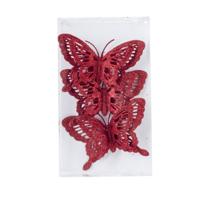 Kerstboomversiering Vlinder - 3x stuks - 14 cm - rood glitter - op clip