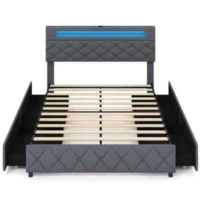 Tweepersoonsbedframe met Ledverlichting en USB-aansluitingen Modern Platformbed met Lades en Verstelbaar Opbergvak in Het Hoofdeinde