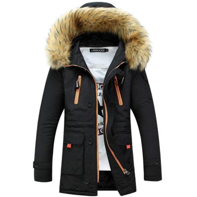 Long Section Cotton Suit Men Plus Velvet Thick Warm Jacket Large Fur Collar Coat Lovers Jacket Size:XL(Black)