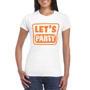Verkleed T-shirt voor dames - lets party - wit - glitter oranje - carnaval/themafeest