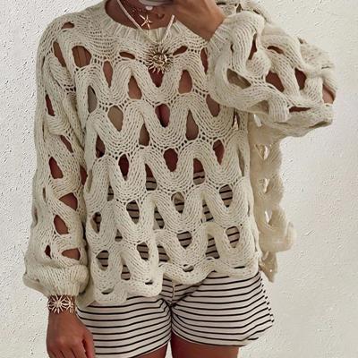 Women's Apricot Hollow Out Knit Pullover - Loose Drop Shoulder Sweater S