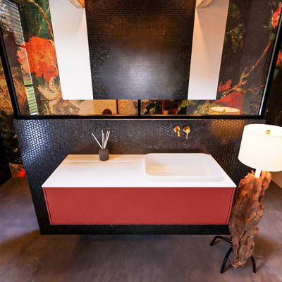 Badkamermeubelset Mondiaz Erin 120 cm met 1 Lade met RIDGE Wastafel Rechts Talc Zonder Kraangaten Greeploos Mat Fire