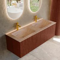 Badmeubel Mondiaz Kurve-Dlux | 130 cm | Meubelkleur Ruby | Wastafelkleur Saba | Solid surface | Wasbak beide zijden spoelbak | 2 kraangaten