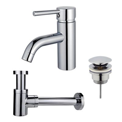 Fortifura Calvi Wastafelkraanset - lage wastafelkraan - klikwaste plug - verlaagde design sifon - Chroom SW377810/SW696203/SW696219