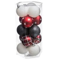 Kerstballen - 15x st - wit/rood/zwart - D5 cm - kunststof - gedecoreerd