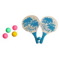 Summertime Beachball set - hout - blauw - strand sport speelset - met 5x balletjes - thumbnail