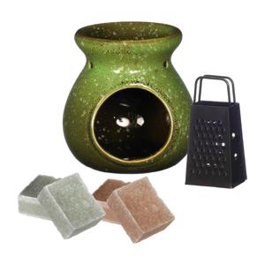 Amberblokjes cadeau set - geurbrander/mini rasp/amberblokjes - jasmijn/sandelhout - groen