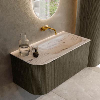 Badmeubel Mondiaz Kurve-Dlux | 95 cm | Meubelkleur Shadow | Wastafelkleur Nata | Solid surface | Wasbak rechter zijde spoelbak | Zonder kraangat(en)