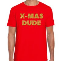 Foute Kerst t-shirt X-mas dude goud glitter op rood heren - thumbnail