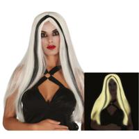 Fiestas Guirca - Glow in the dark pruik - lang haar - wit - dames - Halloween/spook/heks