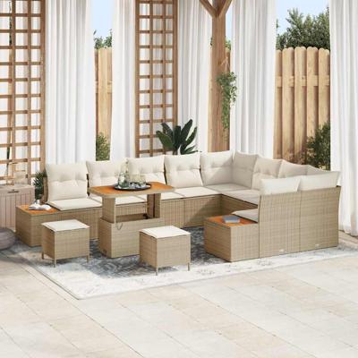12-delige Tuinbankenset met kussens poly rattan acacia beige