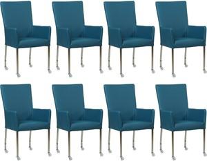 Set van 8 Blauwe leren moderne eetkamerstoelen Deal - met armleuning poot vierkant rvs met wiel - Toledo Leer Turquoise (blauw leer)
