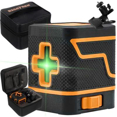 Elektronische laserwaterpas met groene kruislaser en draagtas.