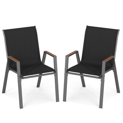 Tuinstoelen Set van 2 Stapelbare Stoelen met Hoge Rugleuning van Ademend Teslin-Weefsel tot 180 kg Grijs/Zwart-Zwart