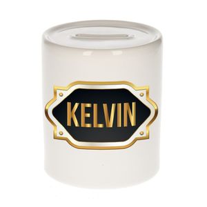 Naam cadeau spaarpot Kelvin met gouden embleem