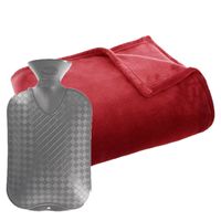 Fleece deken/plaid rood 125 x 150 cm en een warmwater kruik 2 liter - Plaids - thumbnail