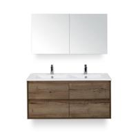 Porto Badmeubelset 120 cm - 4 laden Tabacco - Keramische Wastafel Wit Slim - met Spiegelkast