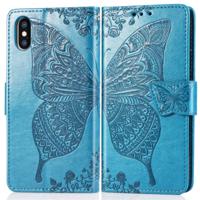 Butterfly Love bloemen reliëf horizontale Flip lederen case voor iPhone X met houder & kaartsleuven & portemonnee & Lanyard (blauw)