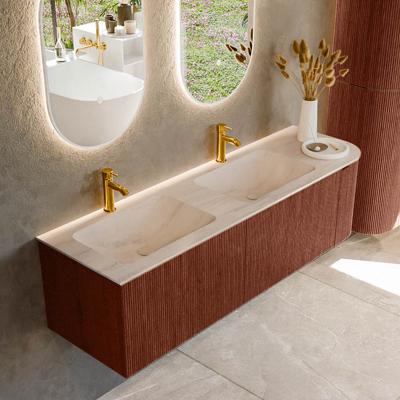 Badmeubel Mondiaz Kurve-Dlux | 155 cm | Meubelkleur Ruby | Wastafelkleur Meli | Solid surface | Dubbel / Links spoelbak | 2 kraangaten