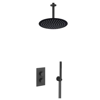 Fortifura Calvi Inbouw Regendoucheset - thermostatisch - plafondarm - 25cm hoofddouche - staaf handdouche - gladde doucheslang - mat zwart SW721167 SW377853 SW720553 SW542644 SW706210 SW496