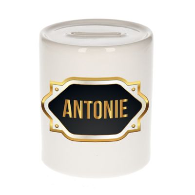 Naam cadeau spaarpot Antonie met gouden embleem