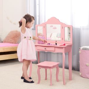 Kinderen Make-Up Kaptafel Set met Kruk Lade en Drievoudige Spiegel 2 In 1 Afneembare Kaptafel met Aankleed Tafel en Schrijftafel Roze